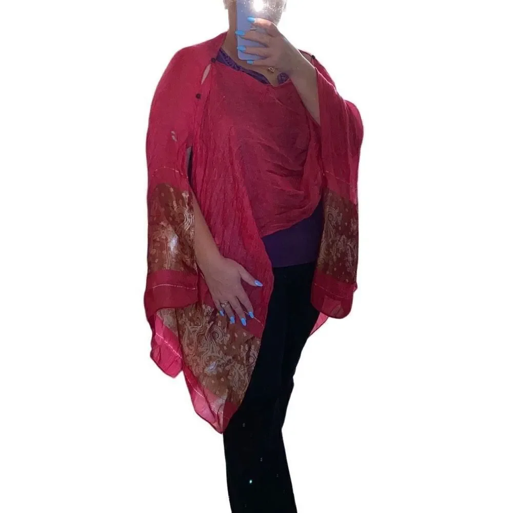 Flowy EUC Shawl/ Scarf Top Baliwood Lightweight Red Gold Paisley Springtime OS